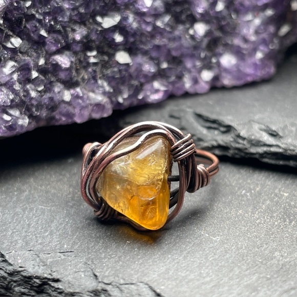 Natural Citrine Gemstone Copper Wire Wrapped Artisan Designed Ring - Picture 1 of 14